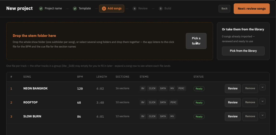 LnW Builder adding three songs with BPM and sections found