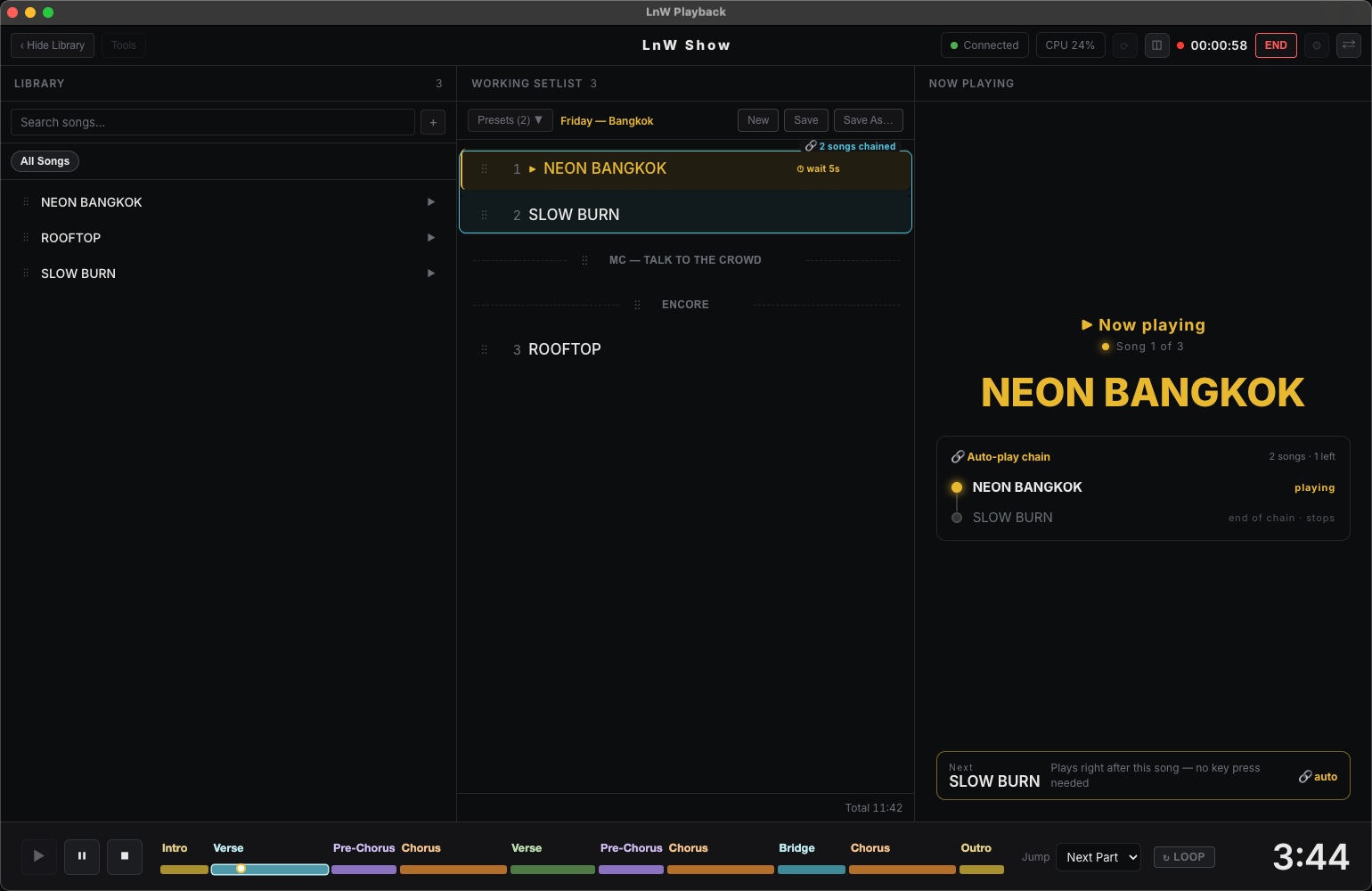 LnW Playback main window while a song plays: library, working setlist with labels and a chain, now playing, section bar and time left