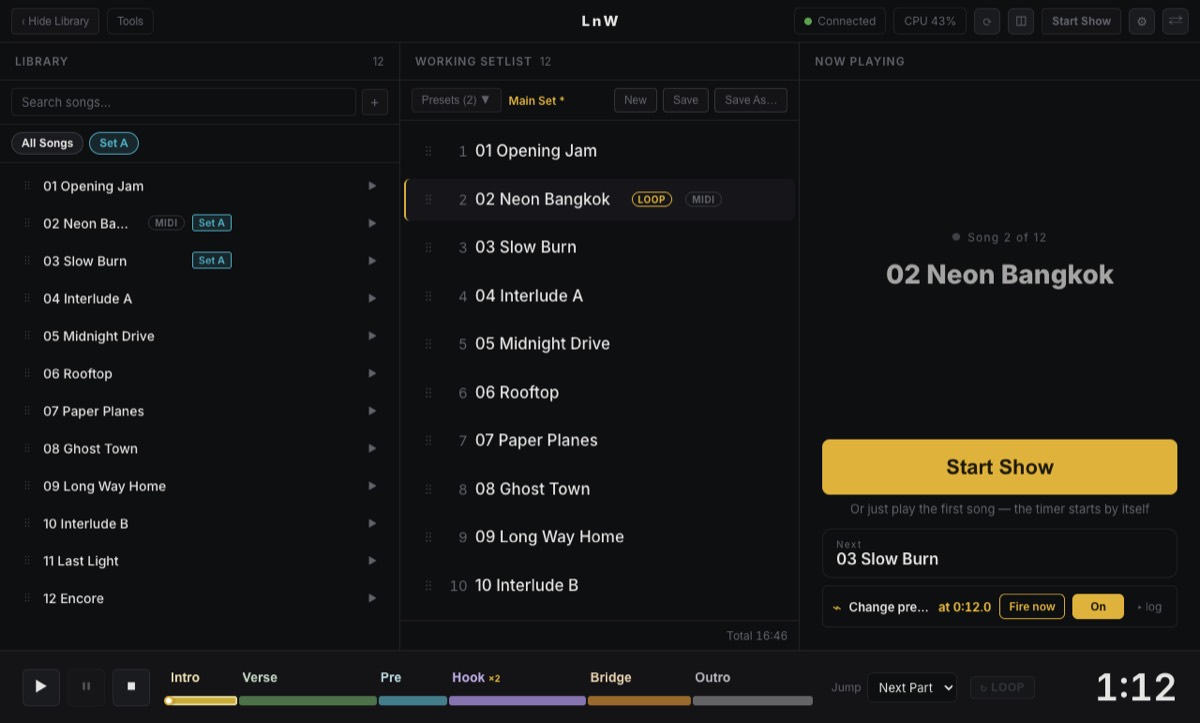 LnW Playback main window with library, setlist and now playing